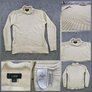 J Crew Roll Neck Sweater Womens Medium White 100% Cotton Ribbed Knit Pullover